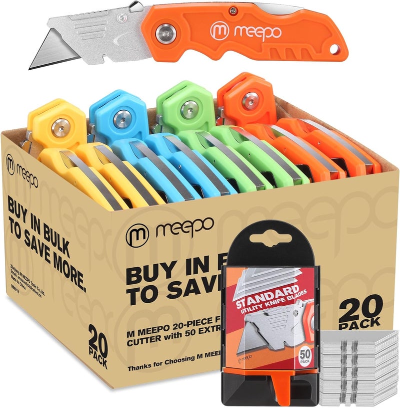 Meepo قاطع صناديق، عبوة 20 قطعة من قواطع الصناديق القابلة للطي للاستخدام الثقيل، سكين utility حاد للغاية، مع 50 شفرة إضافية، يمكنه قطع الجدران الجافة، البلاستيك، اللينوليوم، الصناديق، الحبال - Image 1